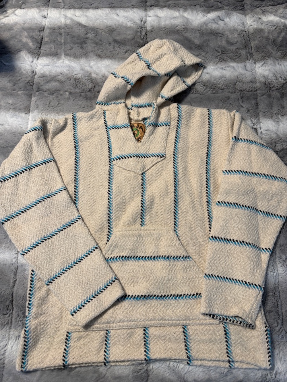 Cream Baja Hoodie with Teal Stripe Accents